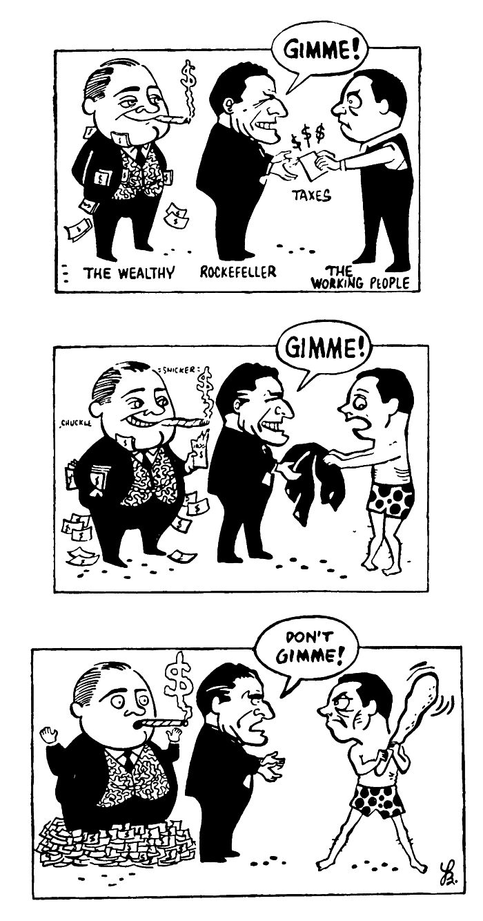 Результаты налоговой политики Нельсона Рокфеллера ѵ в штате Нью-Йорк. Карикатура из «Уоркер».