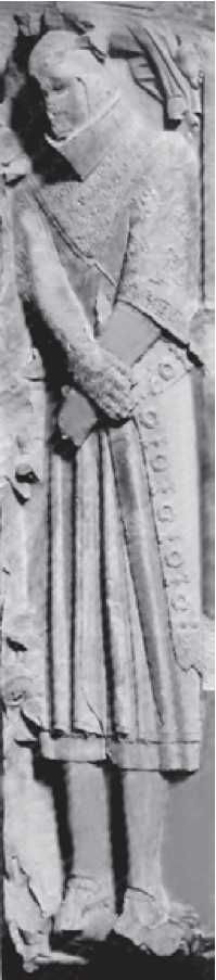 Надгробие Рамона Фолька X де Кардона (1259 — 1320 гг.). Королевский монастырь в Поблете. Около 1325 г. На надгробии хорошо видна петля на левой стороне ворота горжета, что позволяет предполагать двухчастную конструкцию данного вида защитного снаряжения