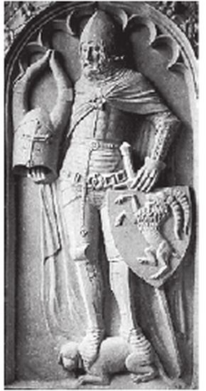 Надгробие Бурхарда фон Штейнберга. 1379 г. Особый интерес на надгробии представляет анатомическая «мускульная» кираса наподобие античных тораксов. Вооружение дополняют шинно-бригандинны.е наручи — известные в основном по надгробиям семейства