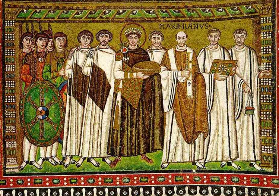 Юстиниан со свитой. Фрагмент мозаики из храма Сан-Витале города Равенна