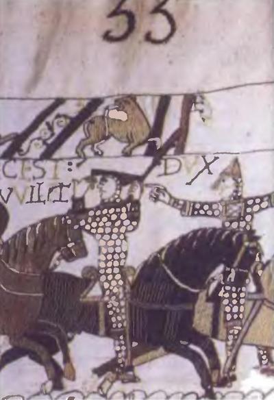9. Битва при Гастингсе: герцог Вильгельм вынужден сдвинуть шлем на затылок, чтобы показать лицо  и доказать, что это он. Ковер из Байё (ок. 1080).