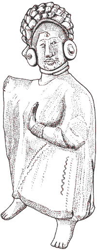 Женщина с татуировкой на лице, фигурка относится к середине классического периода, 450—650 гг. н. э. Судя по крупным драгоценным камням в ушах, ожерелью и браслетам, она, очевидно, являлась знатной особой. У нее замысловатая прическа, и она носит накидку поверх платья.