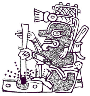 Фрагмент рисунка из Мадридского кодекса, изображающий бога торговли, добывающего огонь. Майя добывали огонь путем вращения заостренной палки в углублении, сделанном в куске мягкой древесины.
