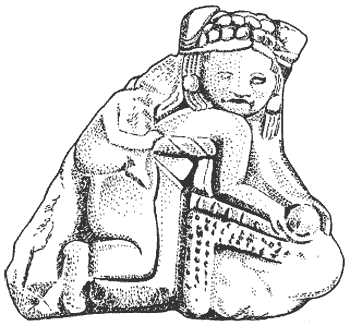 Размалывание маиса. Зерна сначала размягчали путем вымачивания, а затем размалывали на плоском камне с помощью каменной скалки. Рисунок выполнен с глиняной фигурки из Лубантуна. Женщина носит на спине ребенка.