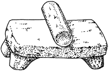 Подставка и каменная скалка для приготовления маиса. Обнаружены в захоронении в Баланканче, Юкатан.