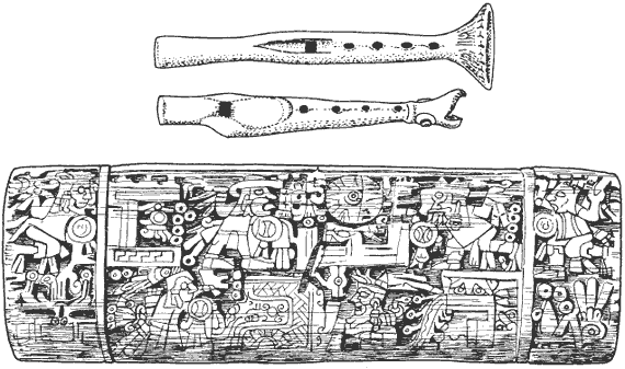 Музыкальные инструменты майя: деревянные флейты и деревянный барабан.