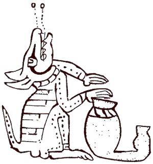 Рисунок из Мадридского кодекса, изображающий поющую собаку, играющую на барабане из тыквы, который был еще одним излюбленным музыкальным инструментом майя. Вылетающие из пасти собаки пузыри символизируют пение. Подобный прием часто использовался в искусстве майя для обозначения звука, в частности речи.