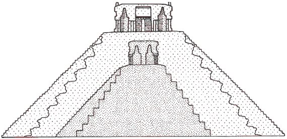 Разрез сооружения, носящего название «Кастилло» (замок), в Чичен-Ице, демонстрирующий, как новая пирамида строилась вокруг более ранней по времени сооружения.