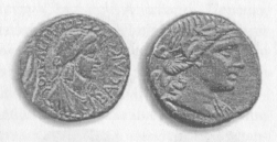 Рис. 119 а. Анонимный боспорский обол типа «Дионис-колчан» и монета Боспора римской эпохи