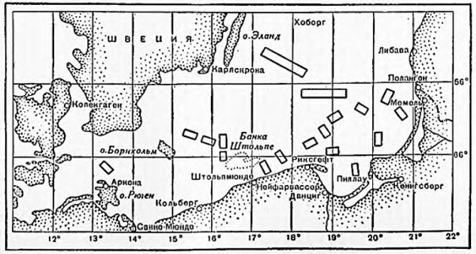 Рис. 19. Карта минных заграждений, поставленных русским флотом в южной части Балтийского моря в 1914-1915 гг.