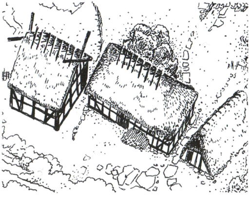 Предлагаемая реконструкция трех домов в окрестностях Комо (культура Голасекка) на основе археологических открытий. Обнаруженный небольшой предмет, возможно, являлся частью кузнечного меха, поэтому можно предположить, здесь была ремесленная мастерская по обработке металлов.