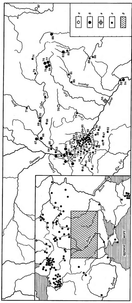 Карта 20. Распространение украшений с выемчатыми эмалями в европейской части СССР