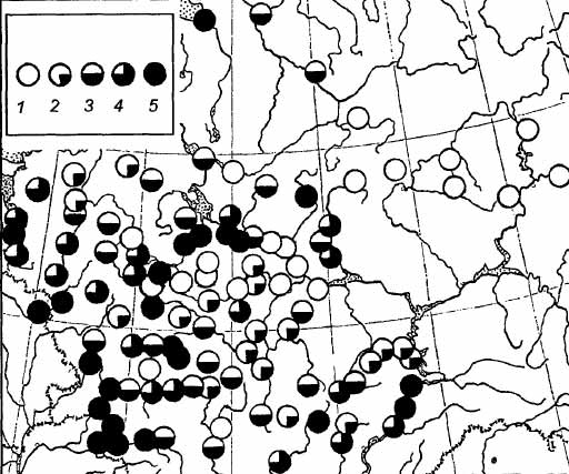 Рис.II-2. Географическое распределение средних величин 2-й канонической переменной для данных Русской антропологической экспедиции